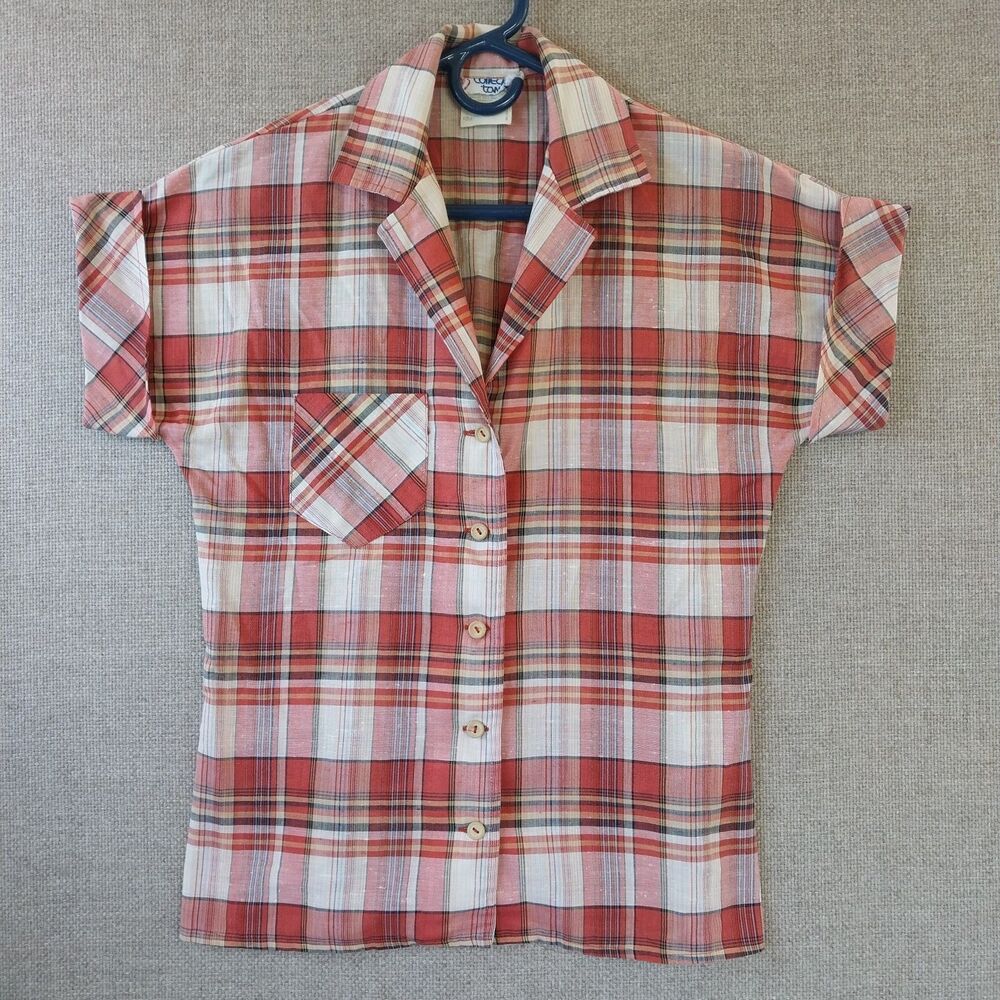 Vintage College Town Womens Short Sleeve Cuff Shirt Tapered  Autumn Orange Plaid